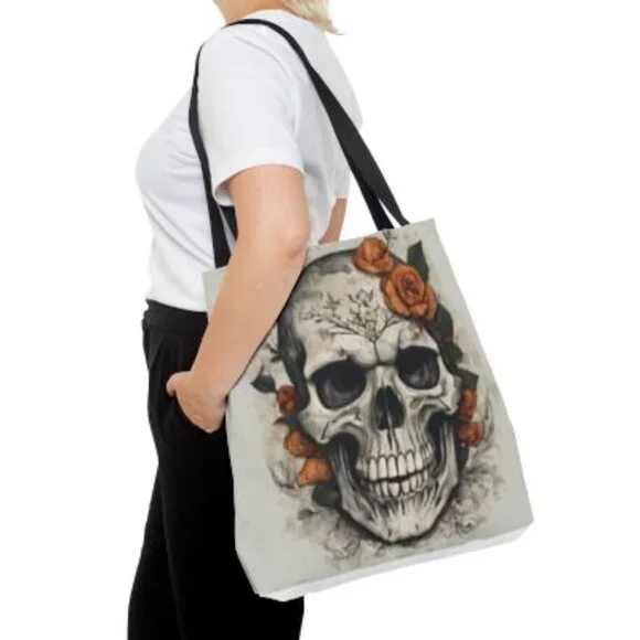 Floral Skull Tote Bag, Gothic Style, Gift for Halloween, Boho Accessory, - Picture 2 of 5